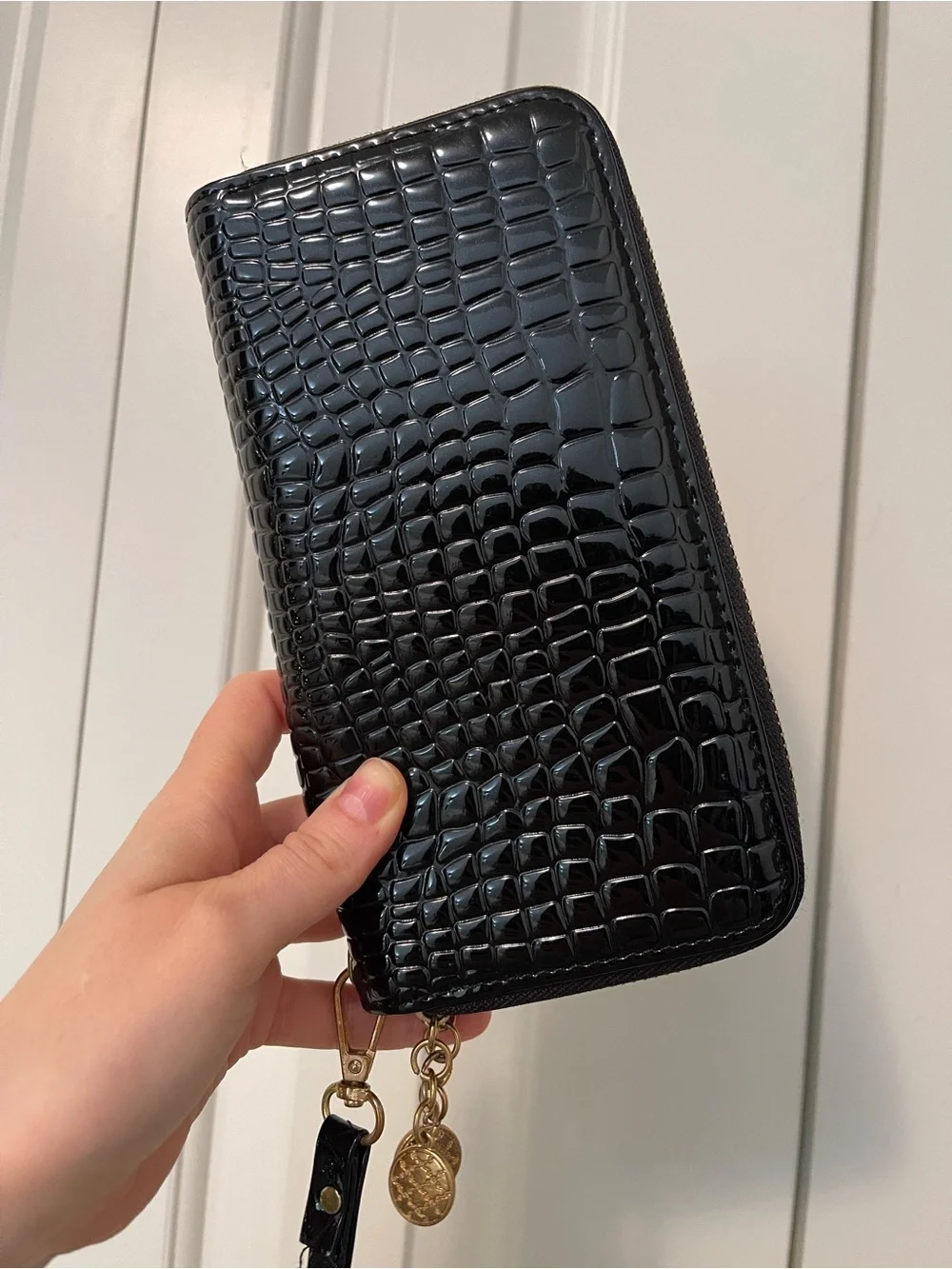 Croc-Embossed Black Zip-Around Wristlet Wallet with Charm
